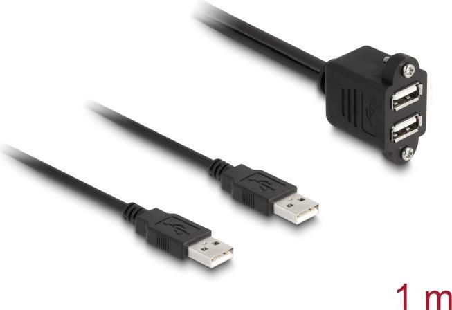 Delock USB 2.0 Kabel 2 x USB Typ-A Stecker zu 2 x USB Typ-A Buchse mit Schrauben zum Einbau 1 m schwarz (88105)