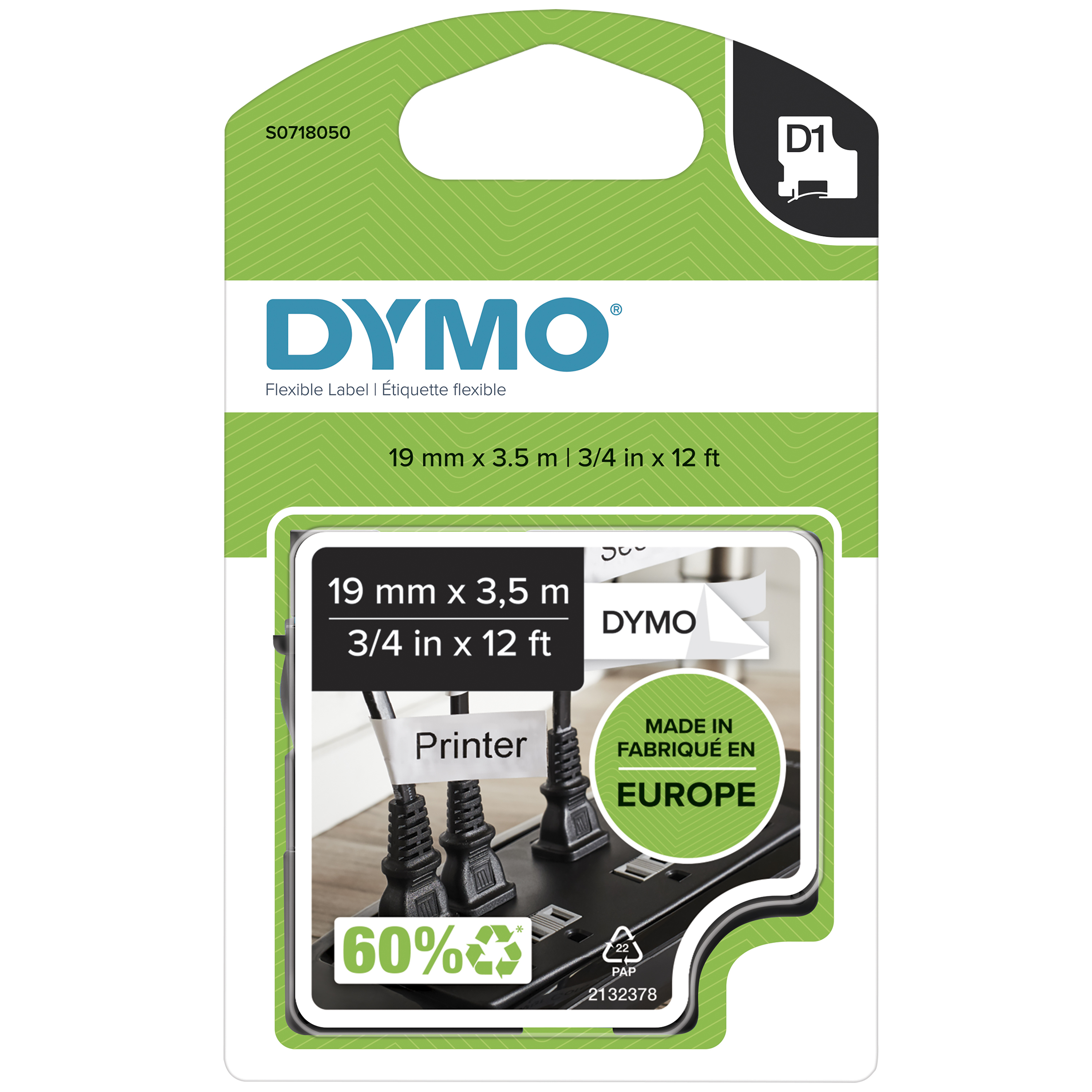 Dymo D1 Durable Etikettenband 12 mm x 3,5 m Nylon Schwarz auf Weiß