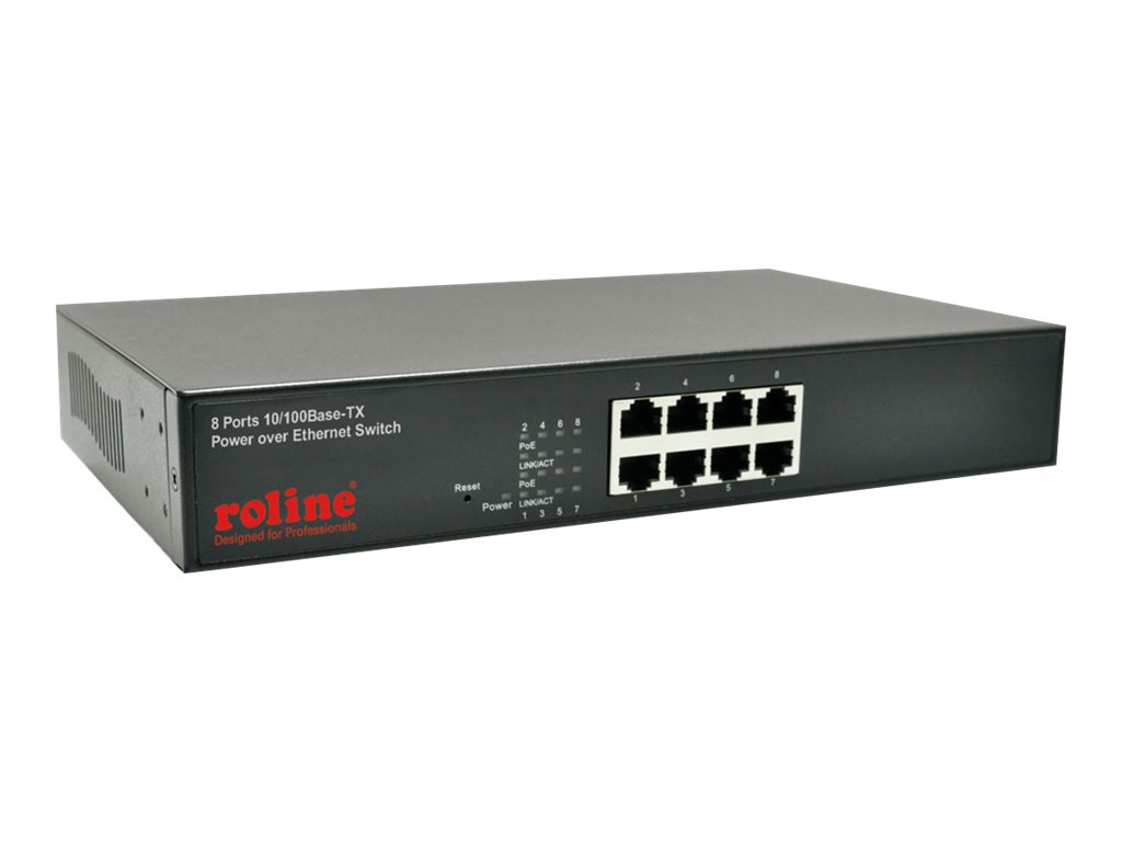 ROLINE PoE Fast Ethernet Switch, 8 Port, 130 W, 19" Einbau, Schwarz