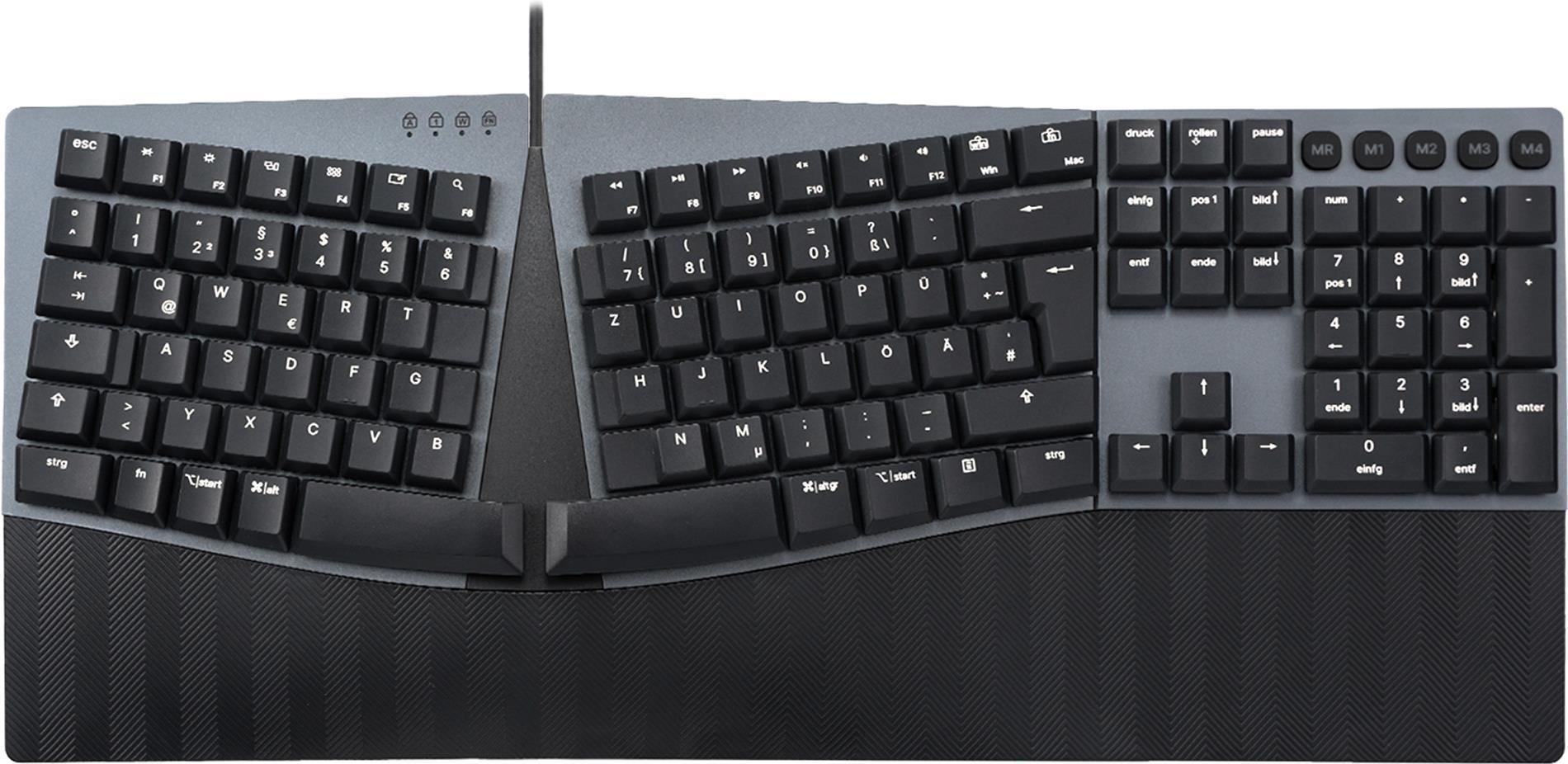 Perixx PERIBOARD-535 DE BL, Kabelgebundene ergonomische mechanische Tastatur - flache blaue Klickschalter (PERIBOARD-535 DE BL)