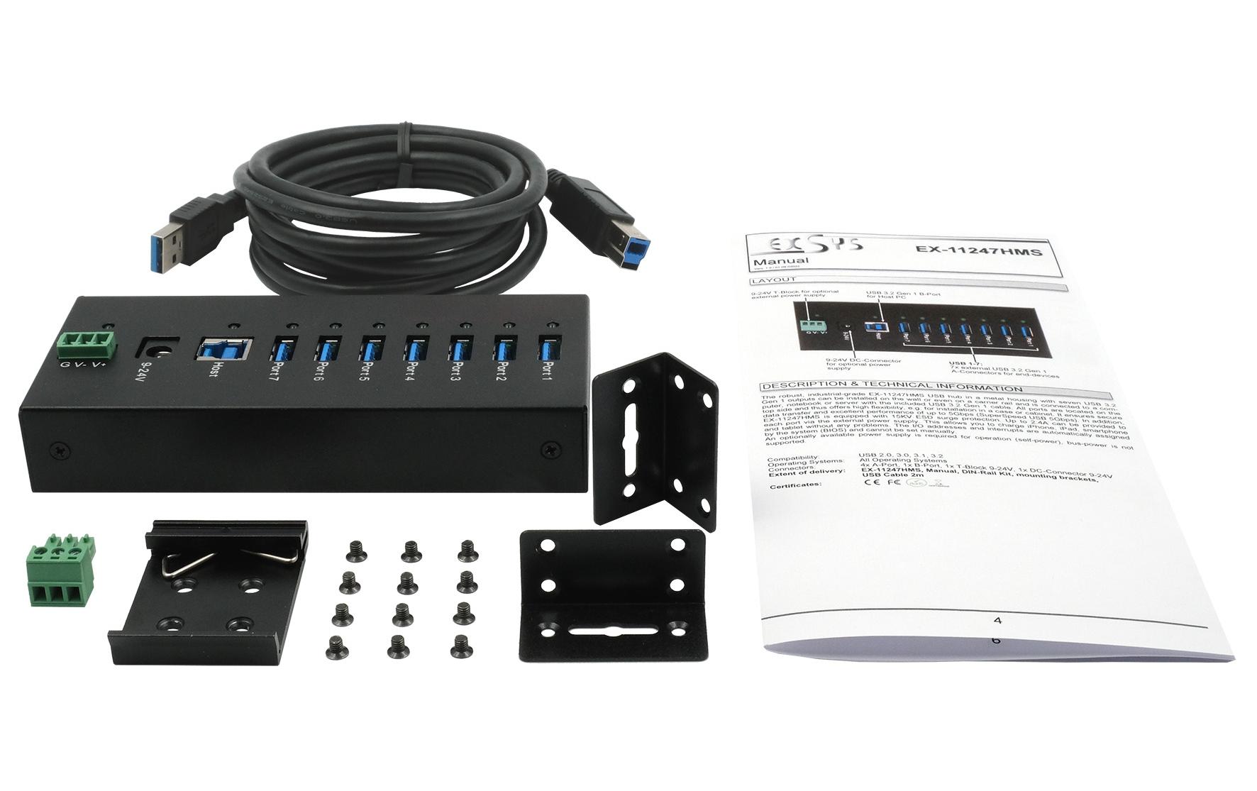 Exsys EX-11247HMS 7-Port USB 3.2 Gen 1 Metall HUB Schwarz