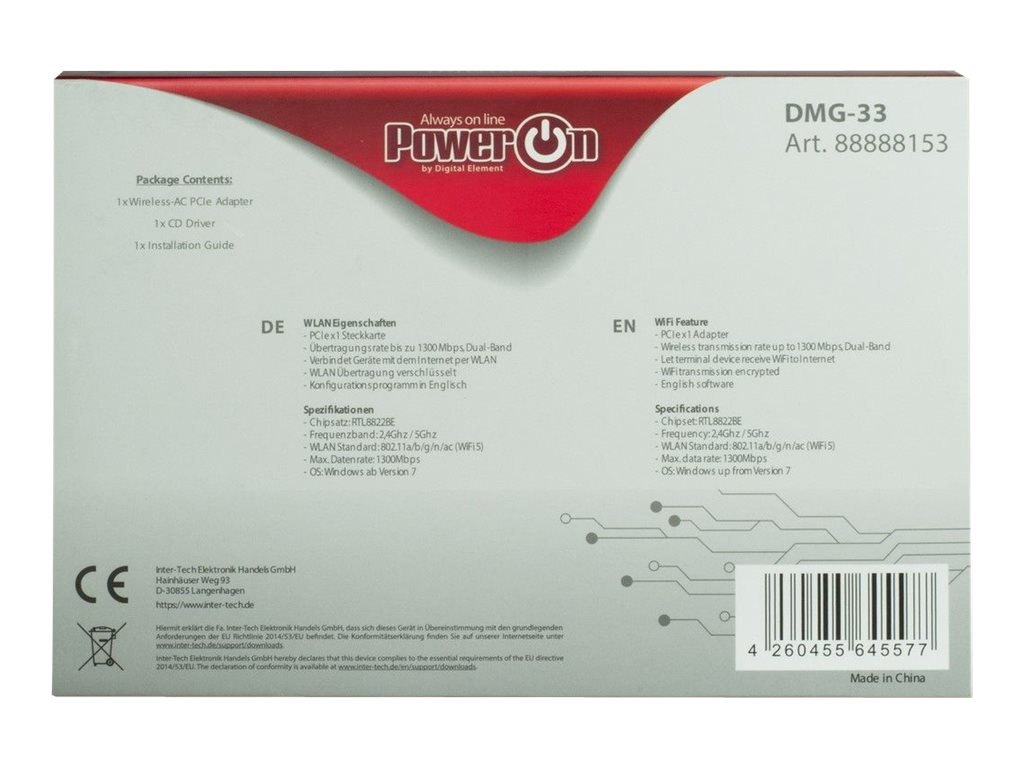 Inter-Tech DMG-33 WLAN Netzwerkkarte PCIe x1 Wi-Fi 5 1300 Mbit/s Schwarz