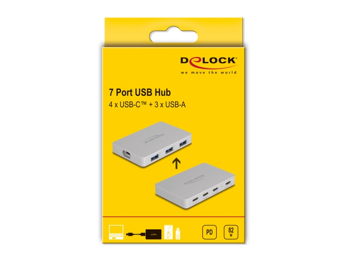 Delock 64279 7-Port USB-Hub 4x USB Type-C 3x USB Type-A PD 82 W Grau