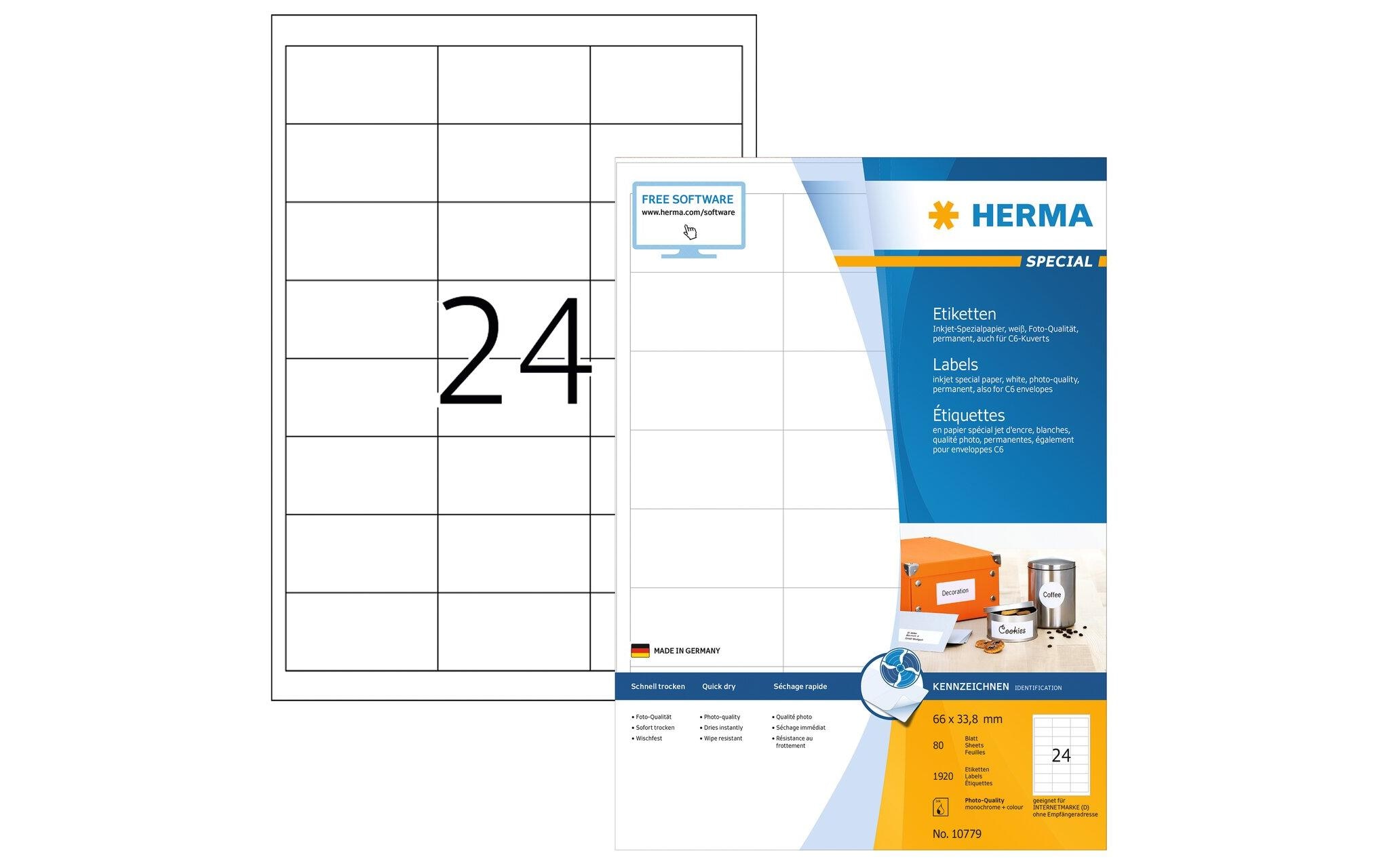 HERMA Etikett 10779 66 x 33,8 mm 1920 Etiketten A4 Weiß