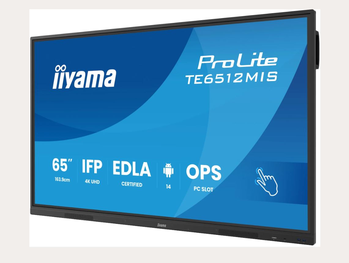 iiyama 65" iiWare13E , Android 14, EDLA/non-EDLA, 8/128GB, 40-Points PureTouch IR with Zero Gap - Air bonding, 3840x2160, UHD VA panel, Fan-less, Speakers 2x 20W front, VGA, HDMI 2x HDMI-out, 2x USB-C max 65W PD), Audio mini-jack and Optical Out (S/PDIF), 2xUSB-C [Energieklasse G] (TE6512MIS-B4AG)