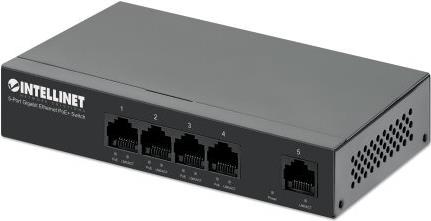 INTELLINET 5-Port Gigabit Ethernet PoE+ Switch Vier PSE PoE+ Gigabit-Ports, ein Gigabit-Port, PoE-Leistungsbudget 40 W, IEEE 802.3at/af-konform, Desktop-Format, optionale Wandmontage (561792)