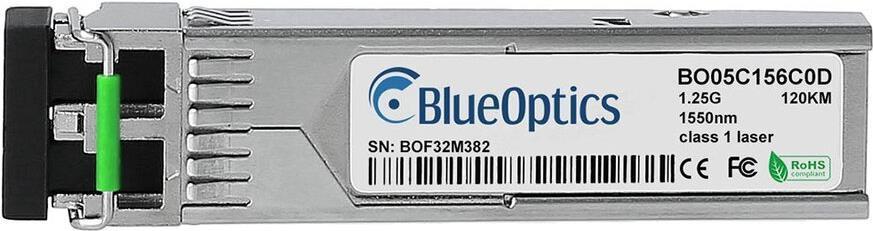 BlueOptics SFP-1G-ZX-120KM-EN-BO. SFP Transceiver-Typ: Faseroptik, Maximale Datenübertragungsrate: 1250 Mbit/s, Schnittstelle: SFP. Mittlere Betriebsdauer zwischen Ausfällen (MTBF): 3000000 h. Gewicht: 20 g. Anzahl enthaltener Produkte: 1 Stück(e) (SFP-1G-ZX-120KM-EN-BO)