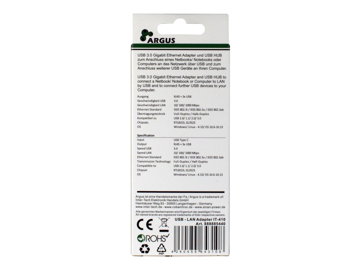 Argus IT-410 USB-Hub Netzwerkadapter 1000 Mbps Schwarz