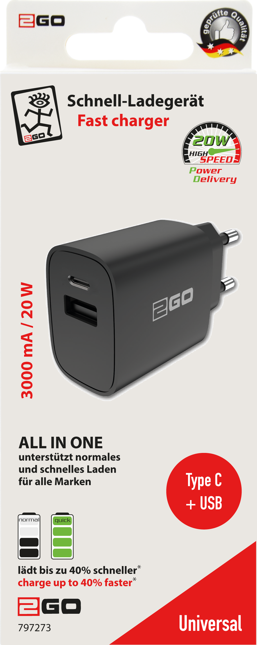 2GO 797273 Ladegerät 20W 2-Port USB-A USB-C Schwarz
