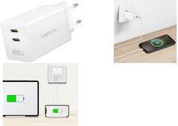 LogiLink USB-Steckdosenadapter, 2x USB-C PD, weiß, 65 Watt ausgestattet mit Power Delivery (PD) & GaN Technologie, - 1 Stück (PA0367)