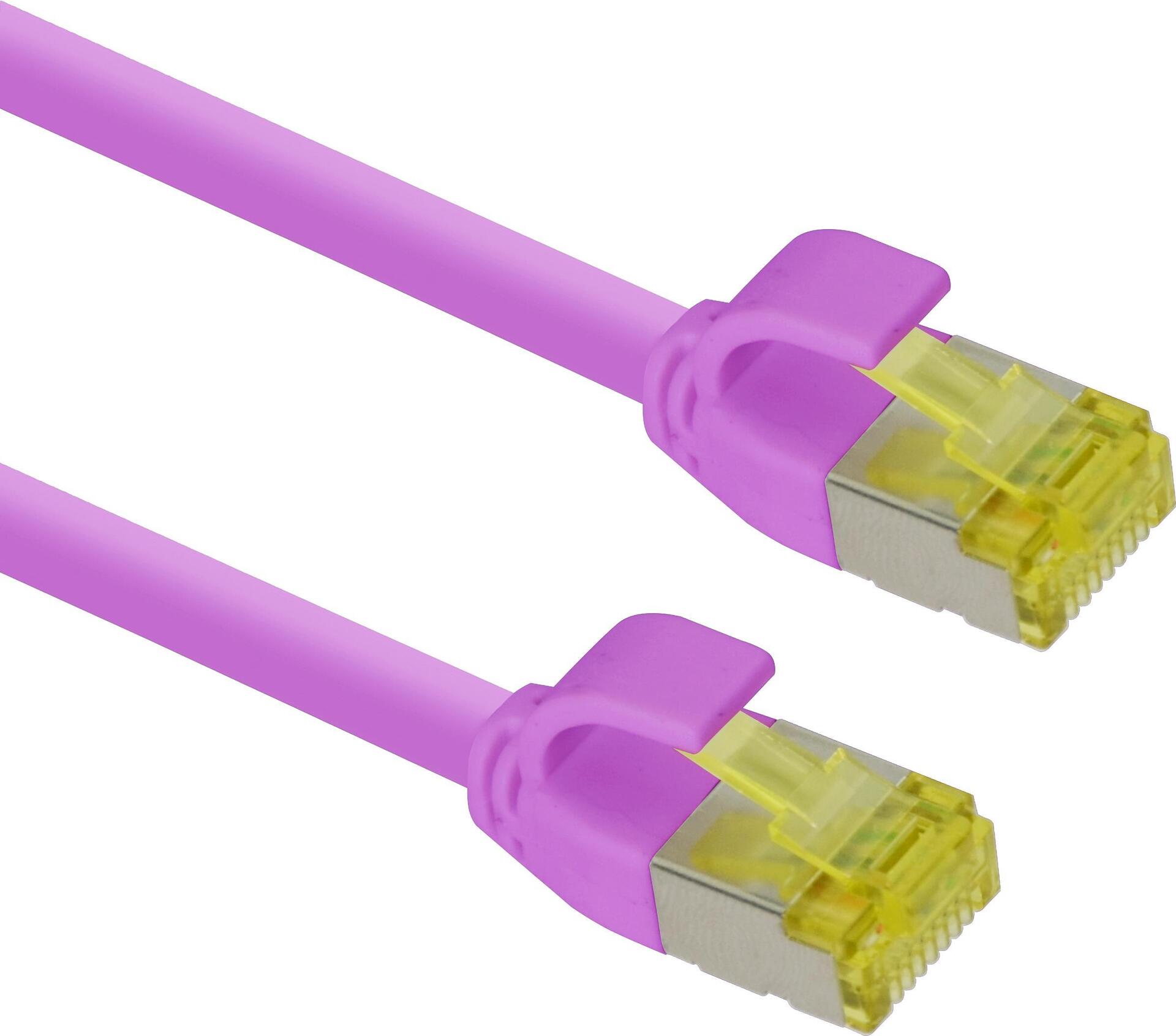 Helos ultra slim Patchkabel S/FTP Cat 6A magenta 1,0m 4 x 2 x AWG 28, geschirmt , 100% Vollkupfer , Cat 6a, 500 MHz , extra dünn , flexibler halogenfreier LSZH-TPE Mantel , Schmale und kurze Knickschutztülle und Rastnasenschutz , mit Längenbezeichnung , 10-Gigabit geeignet , PoE- und PoE plus-fähig , umweltfreundliche Umverpackung ,  Normen: (333109)