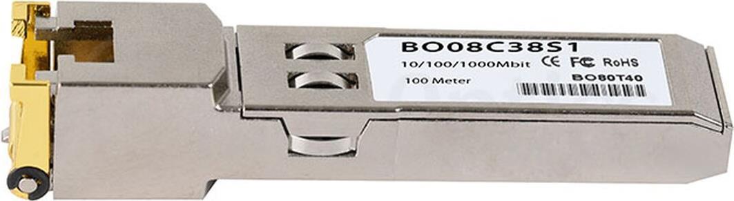 BlueOptics MGBIC-100BT. SFP Transceiver-Typ: Faseroptik, Maximale Datenübertragungsrate: 1000 Mbit/s, Schnittstelle: SFP. Produktfarbe: Silber. Gewicht: 20 g. Anzahl enthaltener Produkte: 1 Stück(e), Paketgewicht: 30 g (MGBIC-100BT-BO)