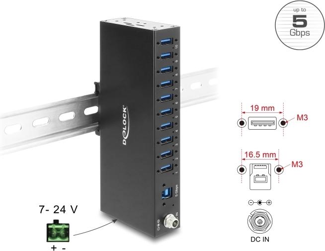 Delock Industrie Hub 10 x USB 5 Gbps Typ-A mit 8 kV ESD Schutz und Hutschienenbefestigung (60792)