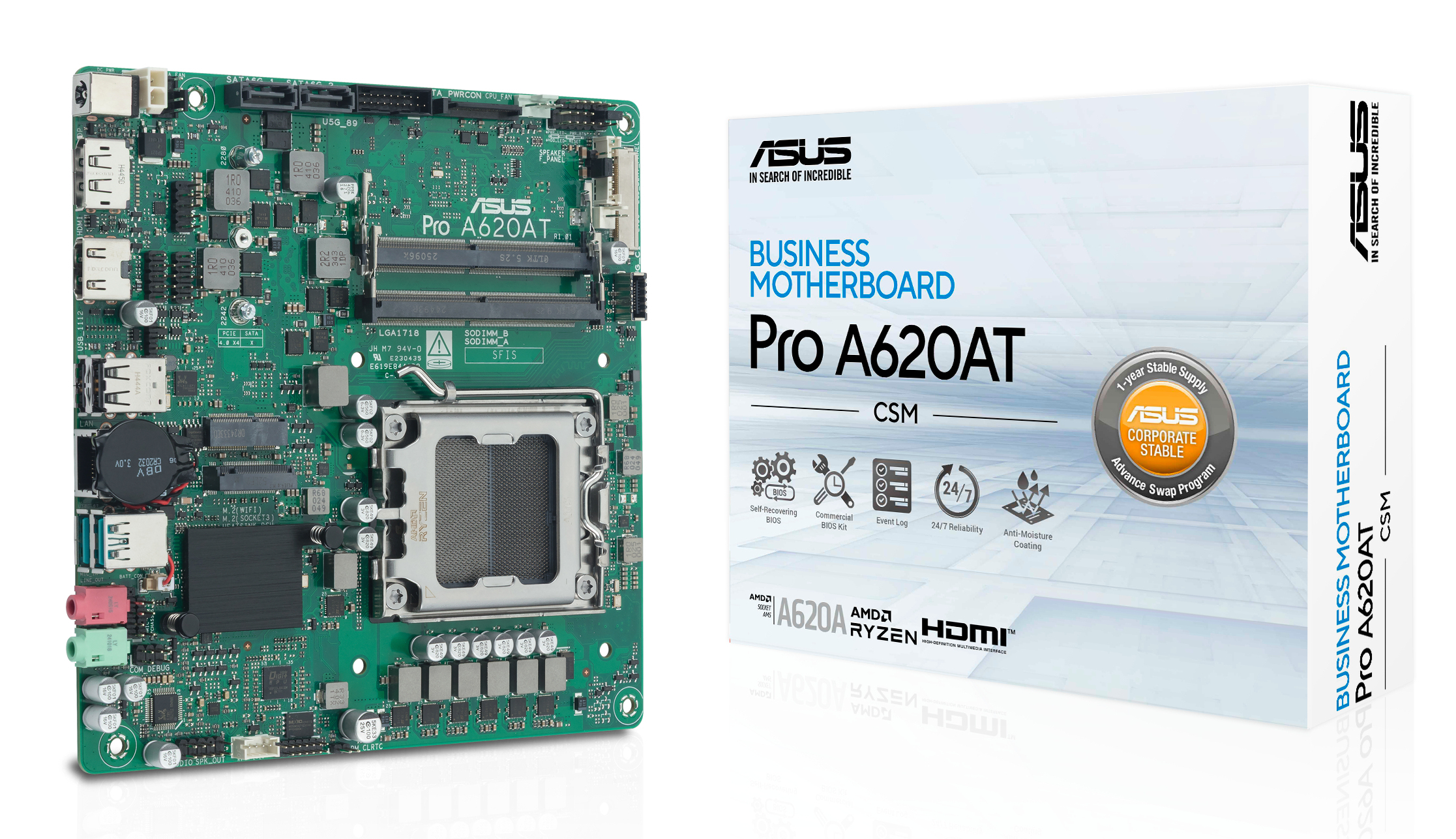 ASUS PRO A620AT-CSM Mainboard Mini-ITX, AMD A620A Chipsatz, Socket AM5, DDR5, Grün