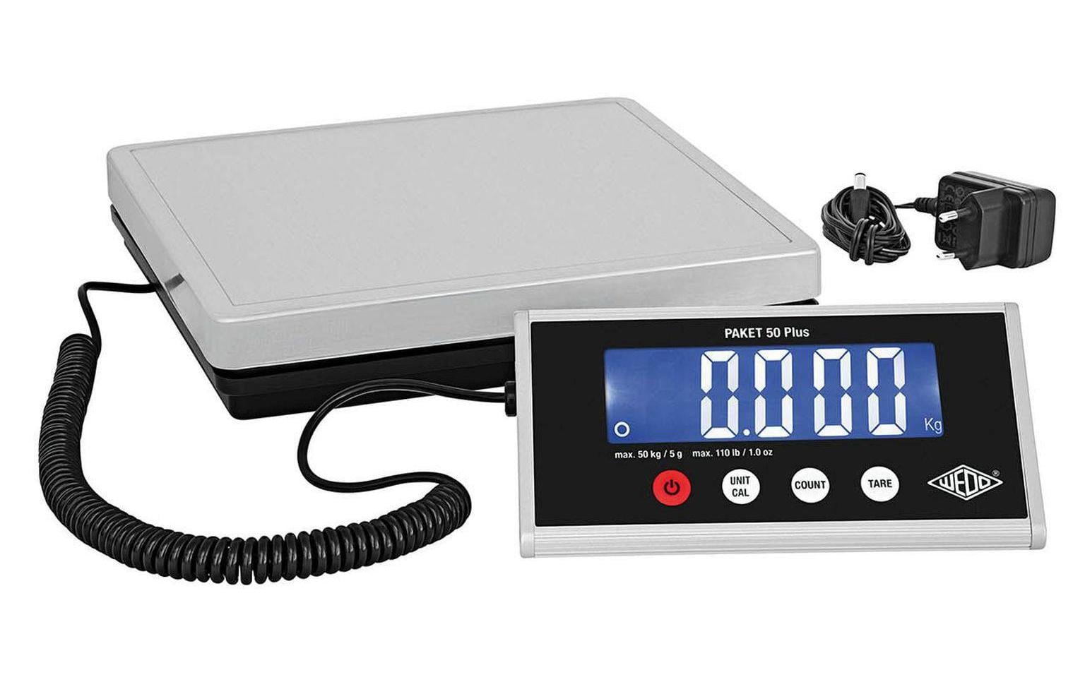 WEDO Paket 50 Plus Paketwaage 50 kg mit LCD-Anzeige Edelstahl-Wiegeteller Silber/Schwarz