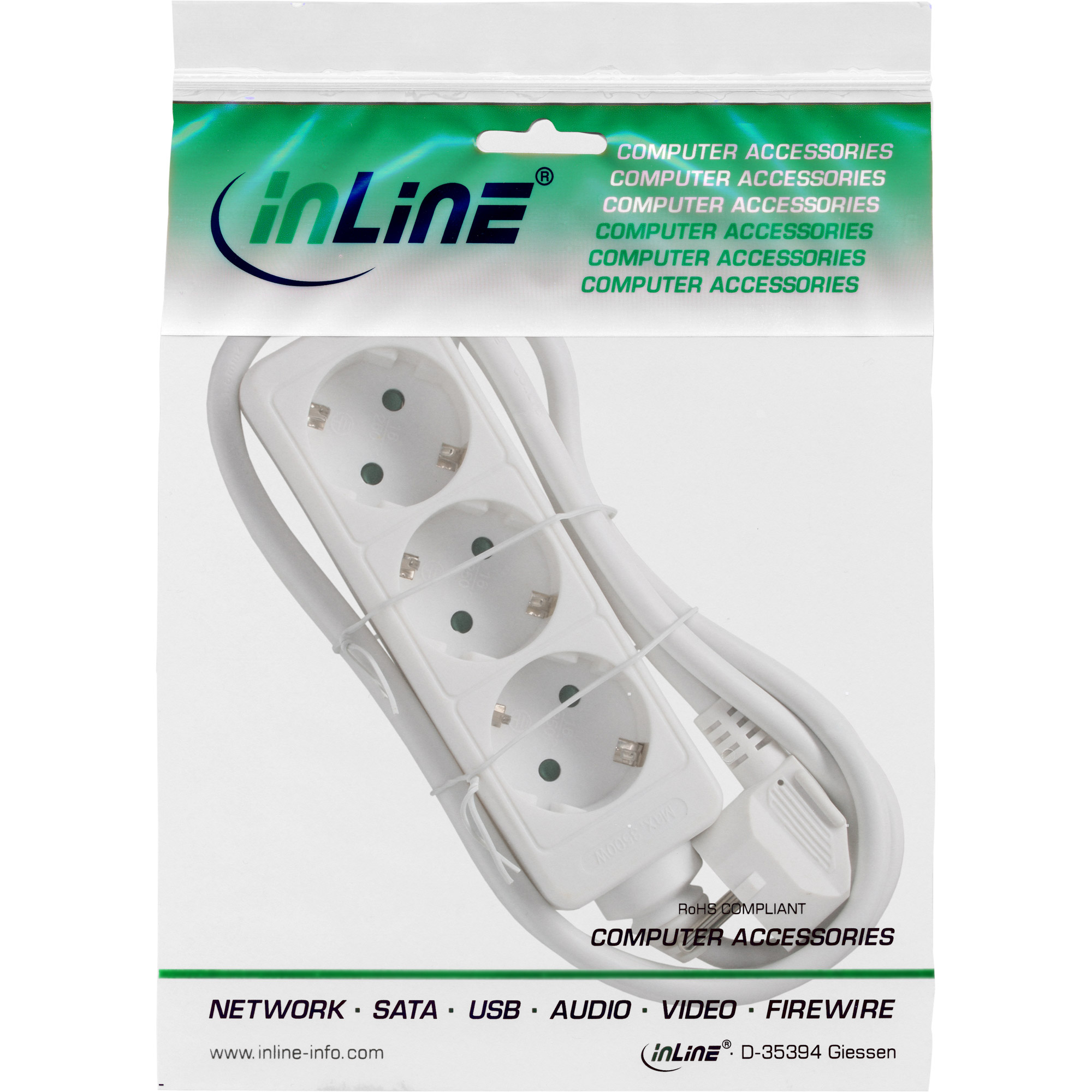 InLine Steckdosenleiste, 3-fach Schutzkontakt, 5 m, Weiß