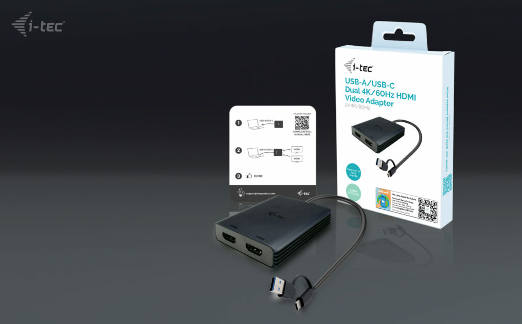 i-tec CADUAL4KHDMI Dual HDMI Videoadapter USB-A/USB-C 4K 60 Hz Schwarz