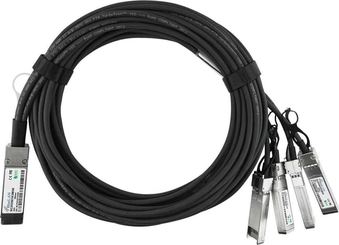 Kompatibles Extreme Networks EQPC40PC010C01X4 BlueLAN passives 40GBASE-CR4 QSFP auf 4x10GBASE-CR SFP+ Direct Attach Breakout Kabel, 3M, AWG30 (EQPC40PC010C01X4-BL)