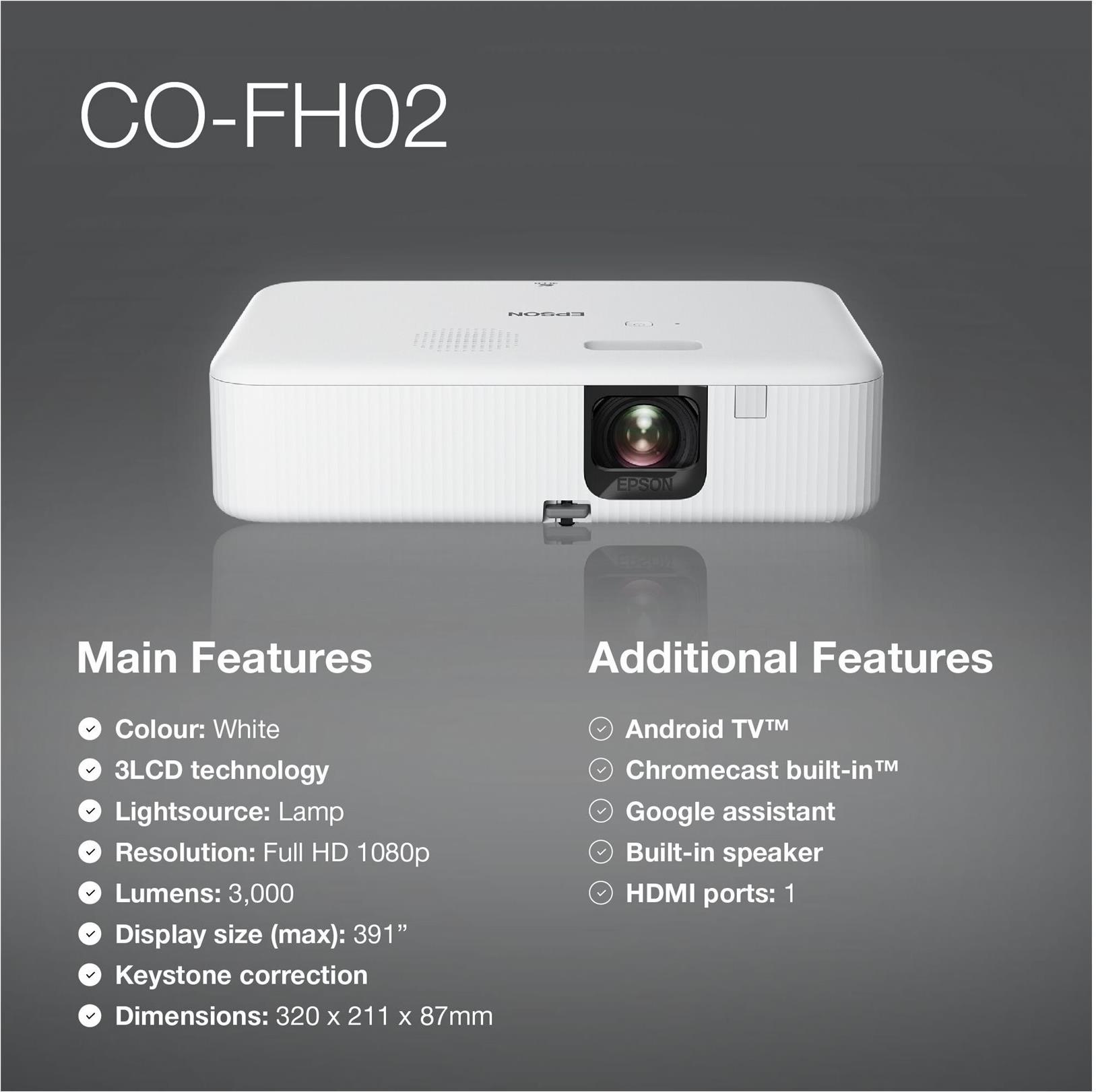 Epson CO-FH02 Tragbarer 3LCD-Projektor 3000 ANSI Lumen Full HD 1080p Schwarz / Weiß