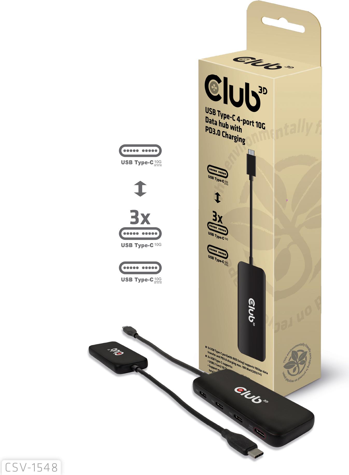 Club3D USB-Hub Typ C > 4x USB Typ C 10Gbps + 100W PD St/Bu retail (CSV-1548)