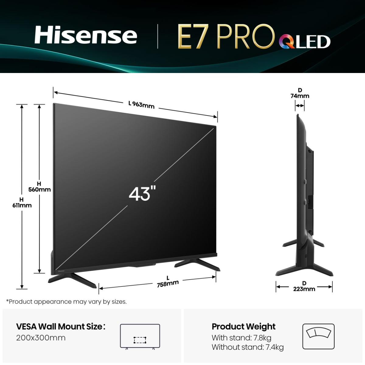 Hisense 43E7Q PRO QLED Smart-TV 43" 4K Ultra HD 144 Hz Schwarz