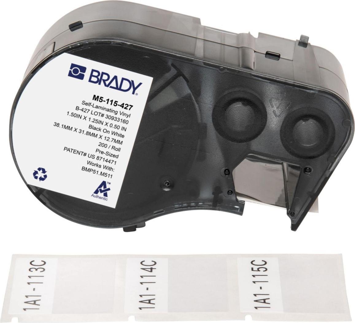 Brady, M5-115-427, selbstlaminierendes Vinyl, Schwarz auf weiß/Transparent, 38.10 x 12.70(31.75) mm, permanent, für Kabeldurchmesser von 3.40 - 6.10 mm (200 E.) (170864)