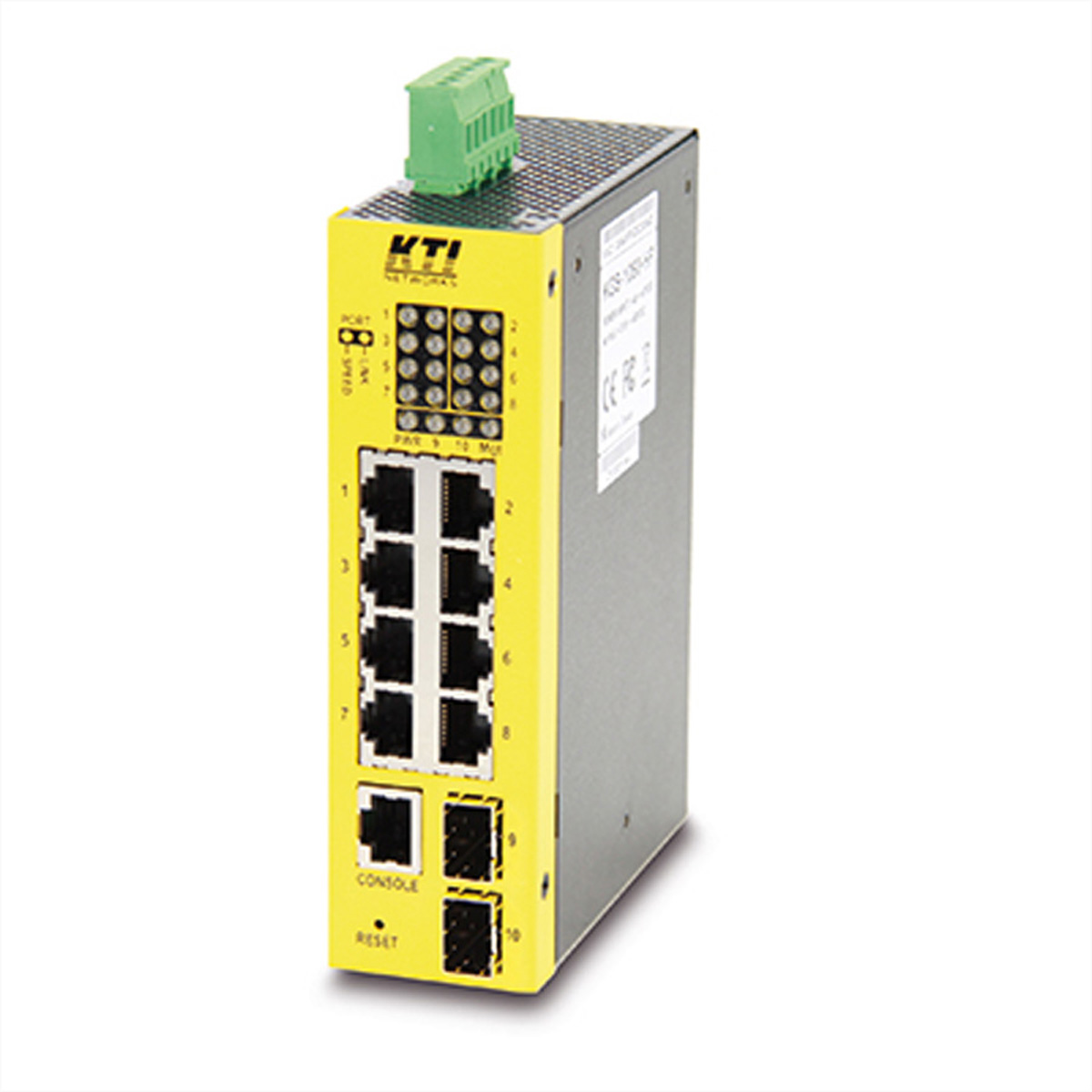 KTI KGS-1060-HP Managed Industrial Gigabit PoE Switch, 10 Ports, 8x RJ-45, 2x SFP, DIN-Rail, Schwarz, Gelb