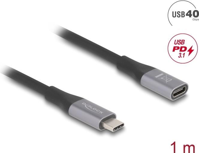 Delock USB 40 Gbps Verlängerungskabel USB Type-C™ Stecker zu Buchse PD 3.1 240 W 1 m grau Metall (81201)