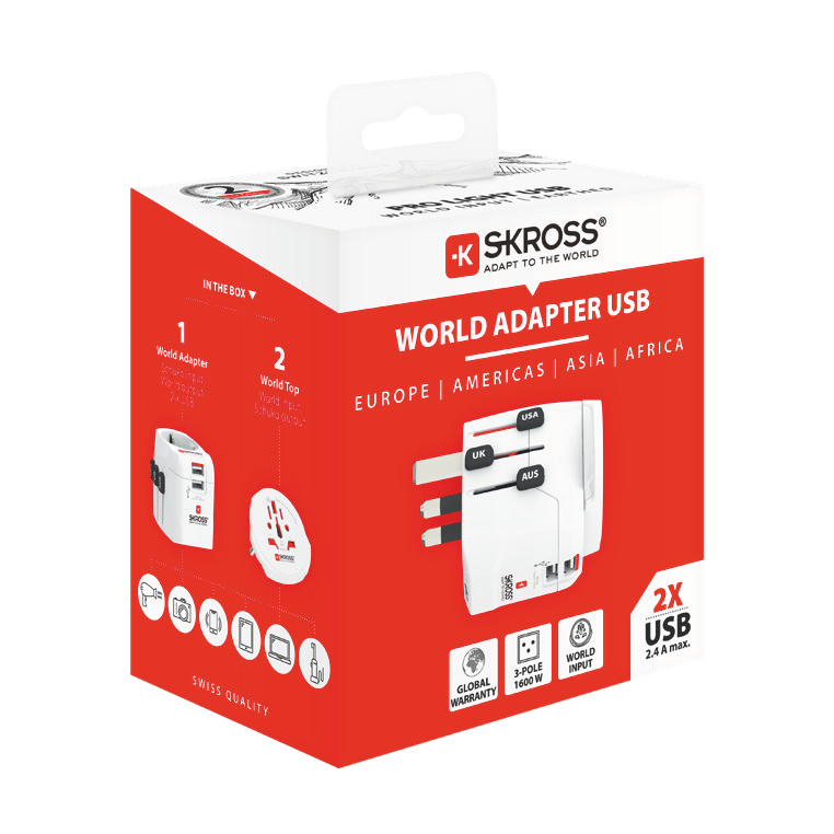 SKROSS PRO Light USB - World Reiseadapter 2x USB Typ A B C G I J L N Weiß