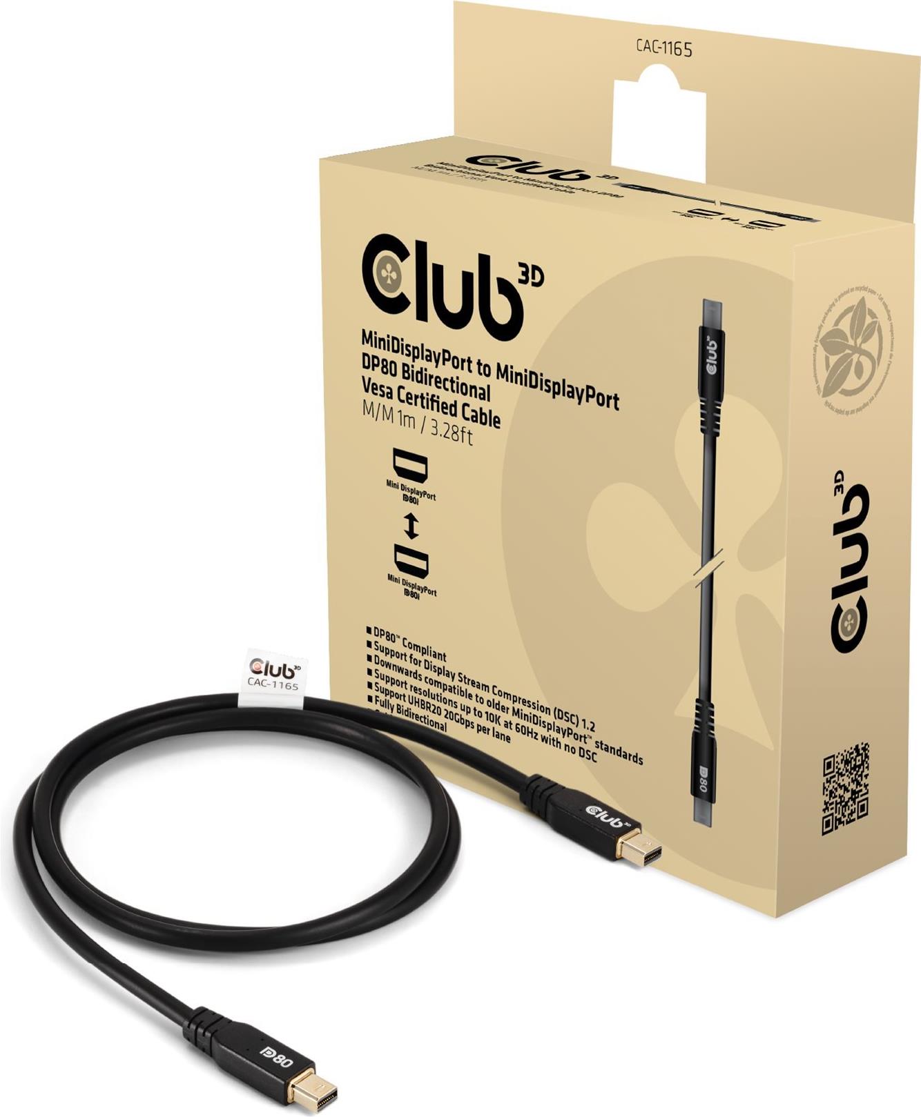 Club 3D MINIDISPLAYPORT TO MINIDISPLAYPORT DP80BIDIRECTIONAL VESA CERTIFIED CABLE 1M/3.28 FT - Kabel (CAC-1165)