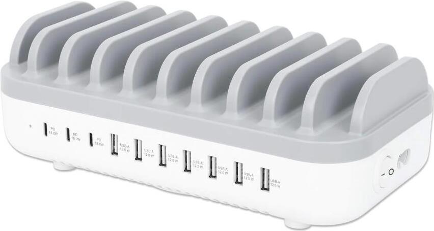 Manhattan 10-Port USB-Ladestation 120 W, 3x USB-C PD, 7x USB-A, Grau/Weiß