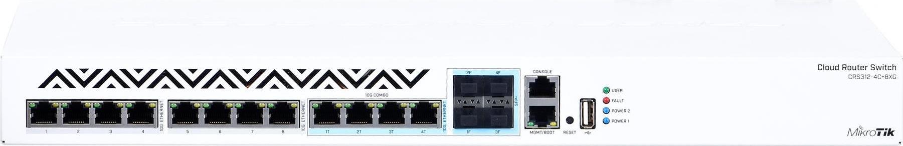 Mikrotik CRS312-4C+8XG-RM. Switch-Ebene: L3. Basic Switching RJ-45 Ethernet Ports-Typ: 10G Ethernet (100/1000/10000), Anzahl der basisschaltenden RJ-45 Ethernet Ports: 8, Anzahl USB 2.0 Anschlüsse: 1, Konsolen-Port: RJ-45. Routing-/Switching-Kapazität: 240 Gbit/s. Netzstecker: AC-in jack. Rack-Einbau, Formfaktor: 1U (CRS312-4C+8XG-RM) (geöffnet)