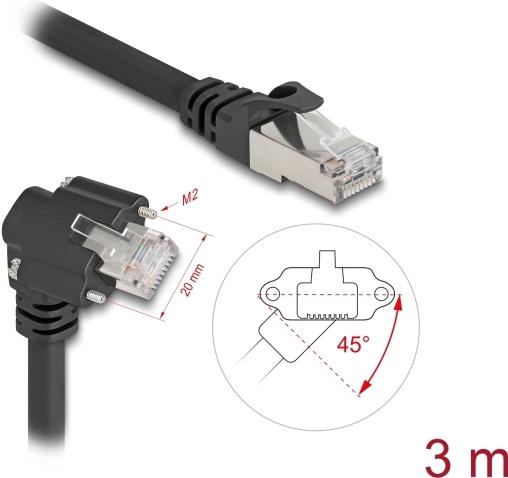 Delock GigE Kamera Kabel RJ45 Stecker 45° gedreht und 90° gewinkelt mit Schrauben zu RJ45 Stecker Cat.6 S/FTP 3 m schwarz (80919)