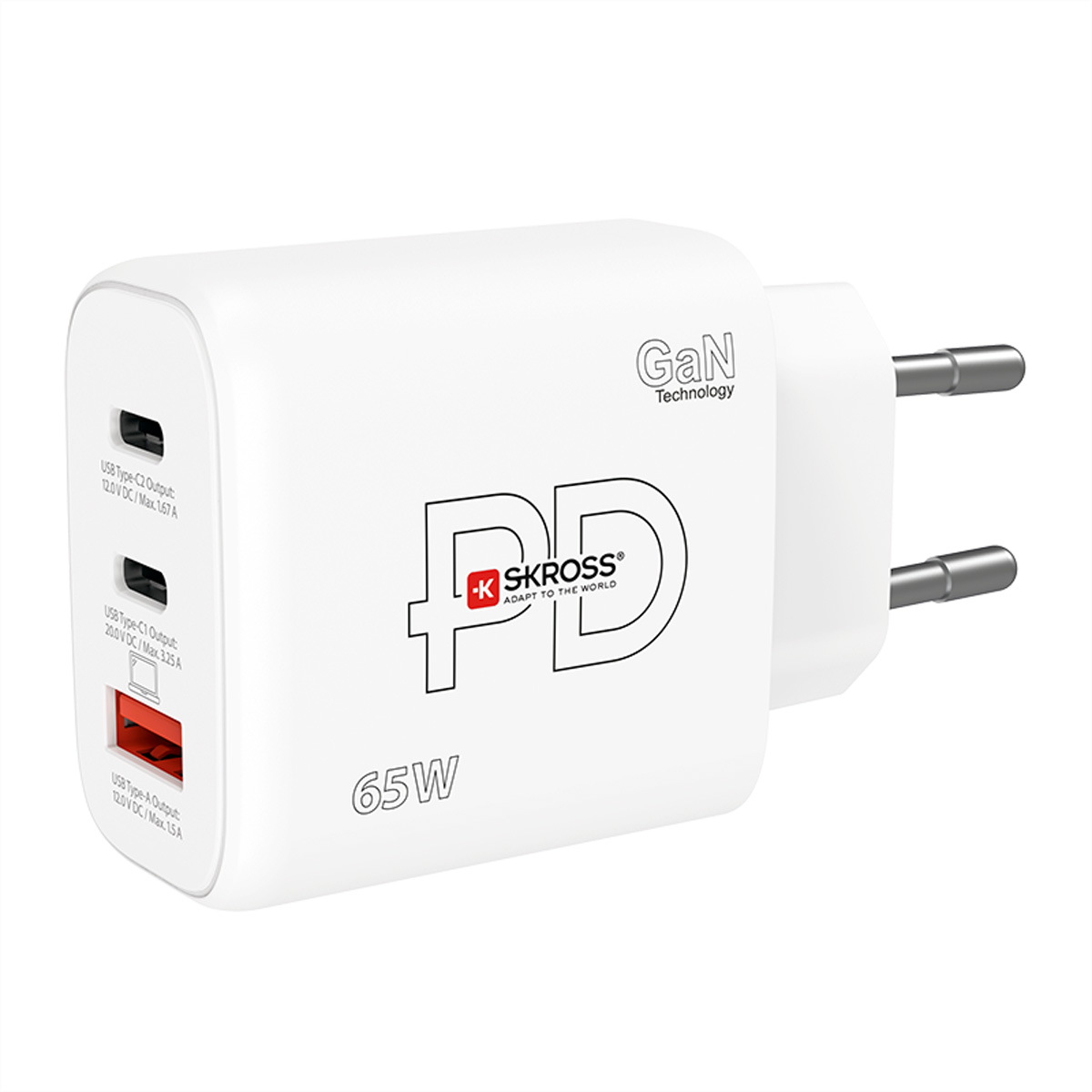SKROSS Power Charger 65W PD GaN EU 2x USB-C 1x USB-A Weiß
