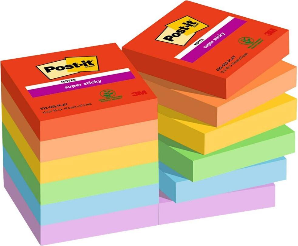 Post-it Super Sticky 622-12SS-PLAY Haftnotizen 47,6 x 47,6 mm 12 Blöcke à 90 Blatt Mehrfarbig