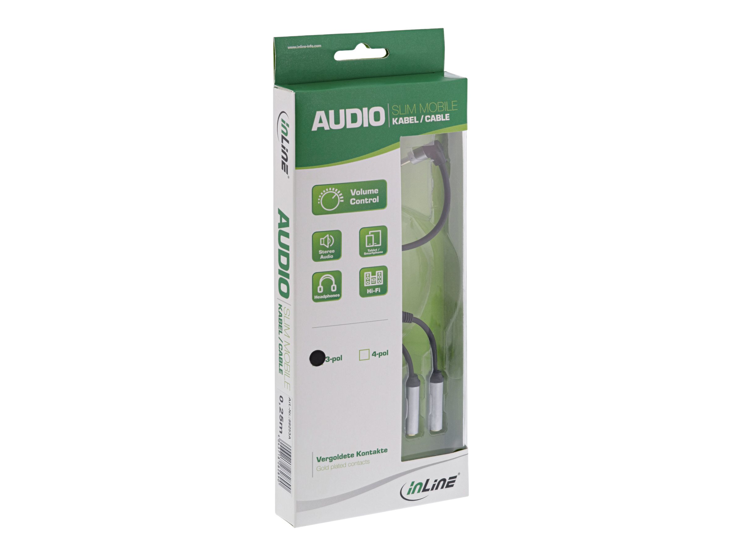 InLine Slim Audio-Splitter Y-Kabel 3,5mm Klinke Stecker gewinkelt auf 2x 3,5mm Klinke Buchse, mit Lautstärkeregler, 0,25 m, Schwarz