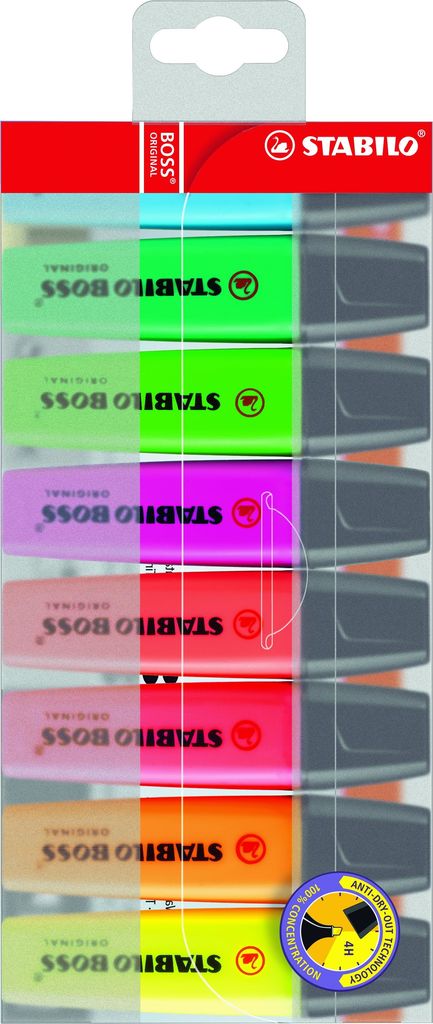 STABILO BOSS ORIGINAL Textmarker, 8er PET-Etui, Keilspitze 2,0 - 5,0 mm, Mehrfarbig