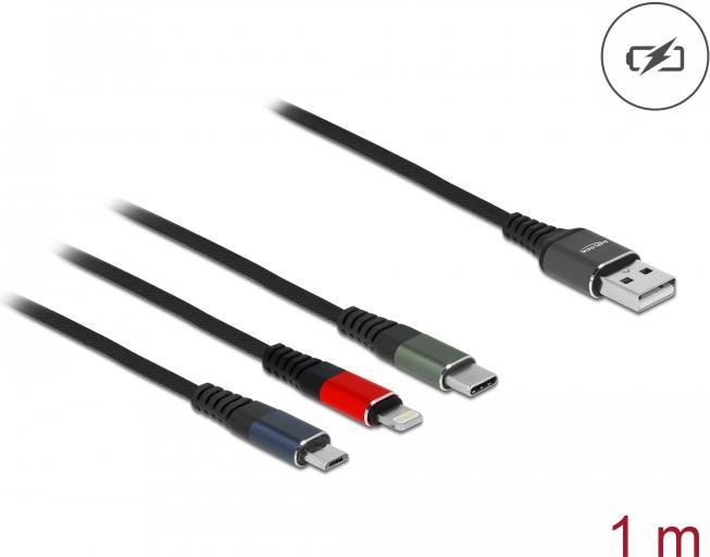 Delock - Lightning-Kabel, nur zum Aufladen - USB männlich bis Micro-USB Typ B, Lightning, USB-C männlich - 1,0m - Schwarz (87277)