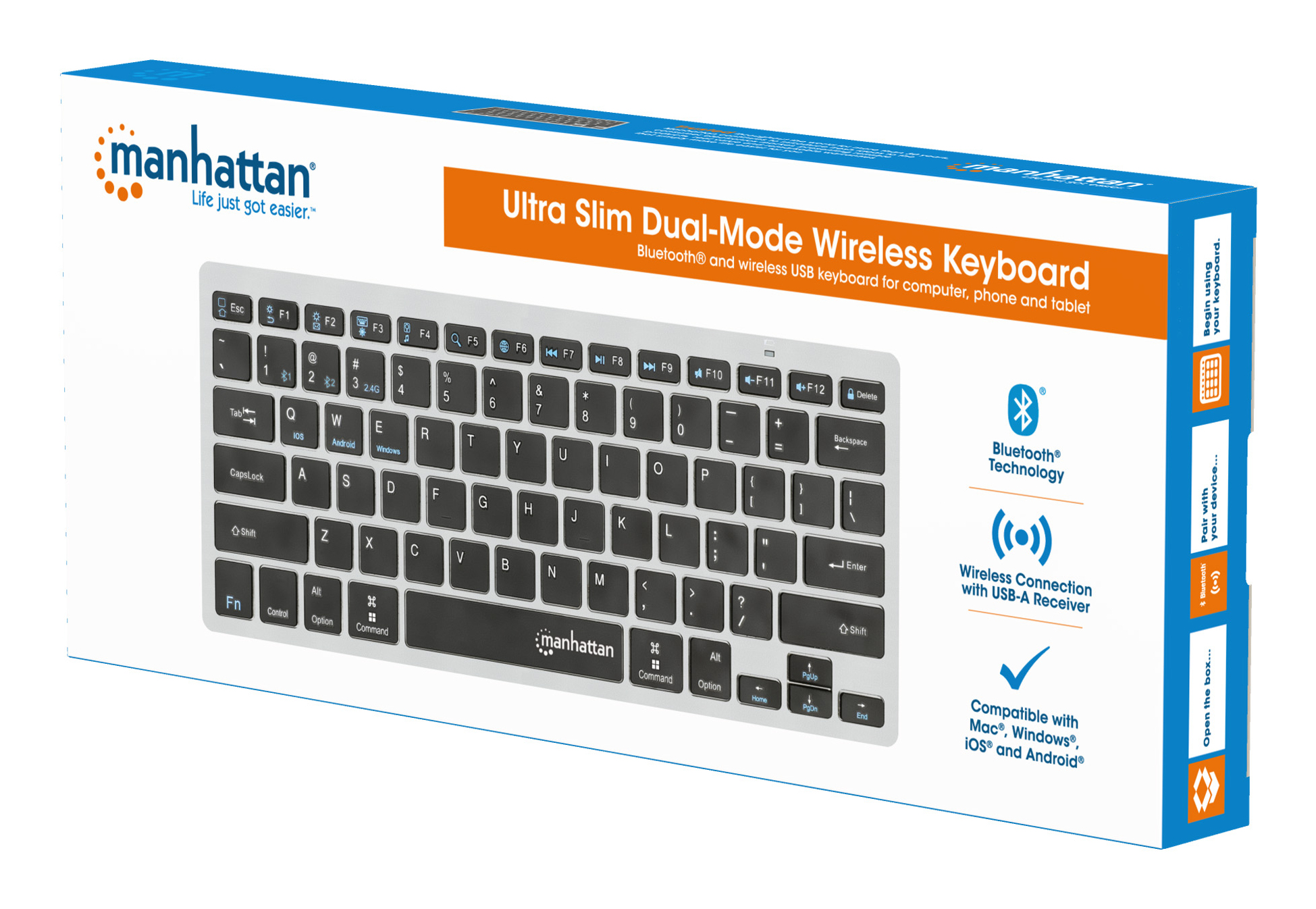 Manhattan Ultra Slim Dual-Mode Kabellose Funktastatur, QWERTZ Deutsch, Bluetooth 3.0 & 2,4 GHz, Anthrazit/Schwarz
