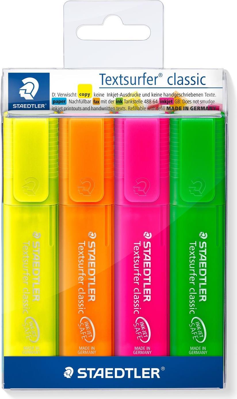 STAEDTLER "Textsurfer classic transluzent", 4er Etui Textmarker, Strichstärke: 1,0 - 5,0 mm, Keilspitze (364 P WP4)