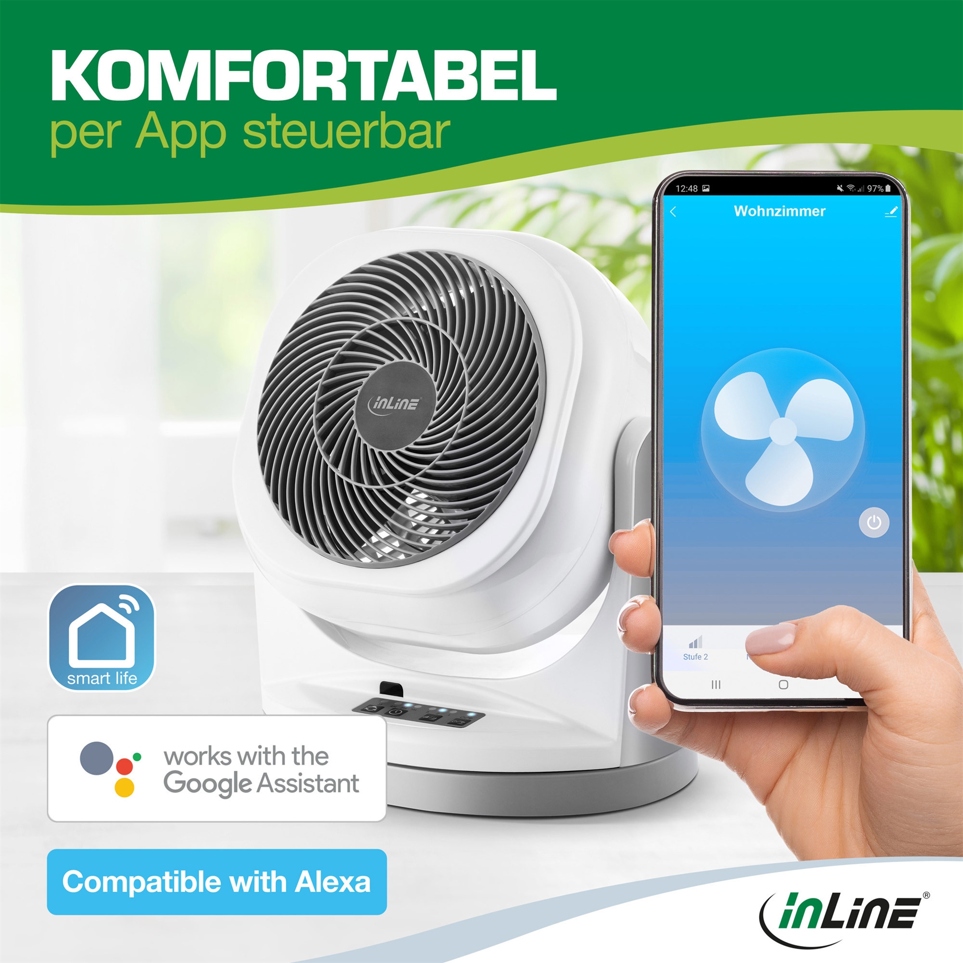 InLine SmartHome WLAN Tischventilator 45 W 57 dB Weiß/Grau