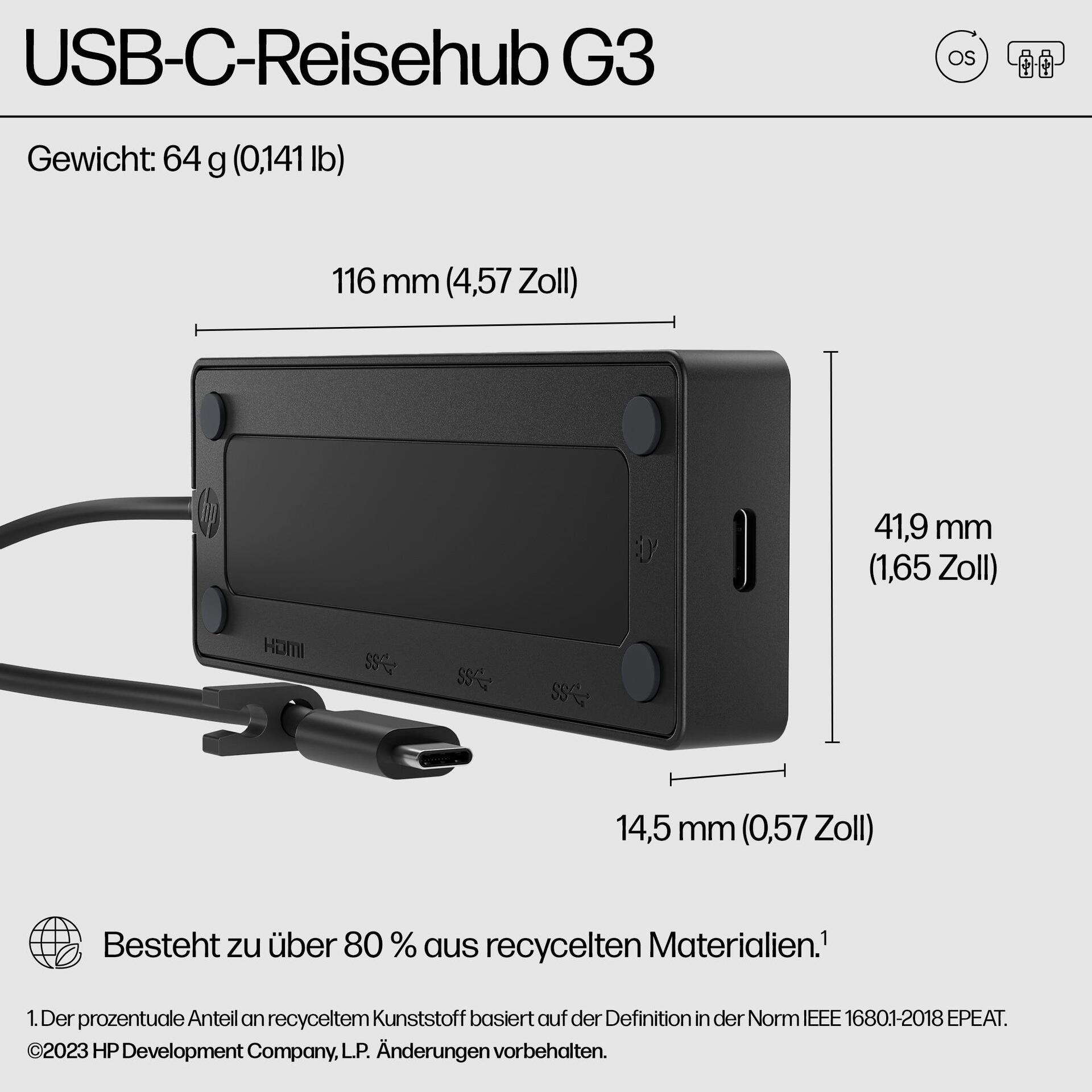 HP USB-C Travel Hub G3 Dockingstation USB-C HDMI Schwarz