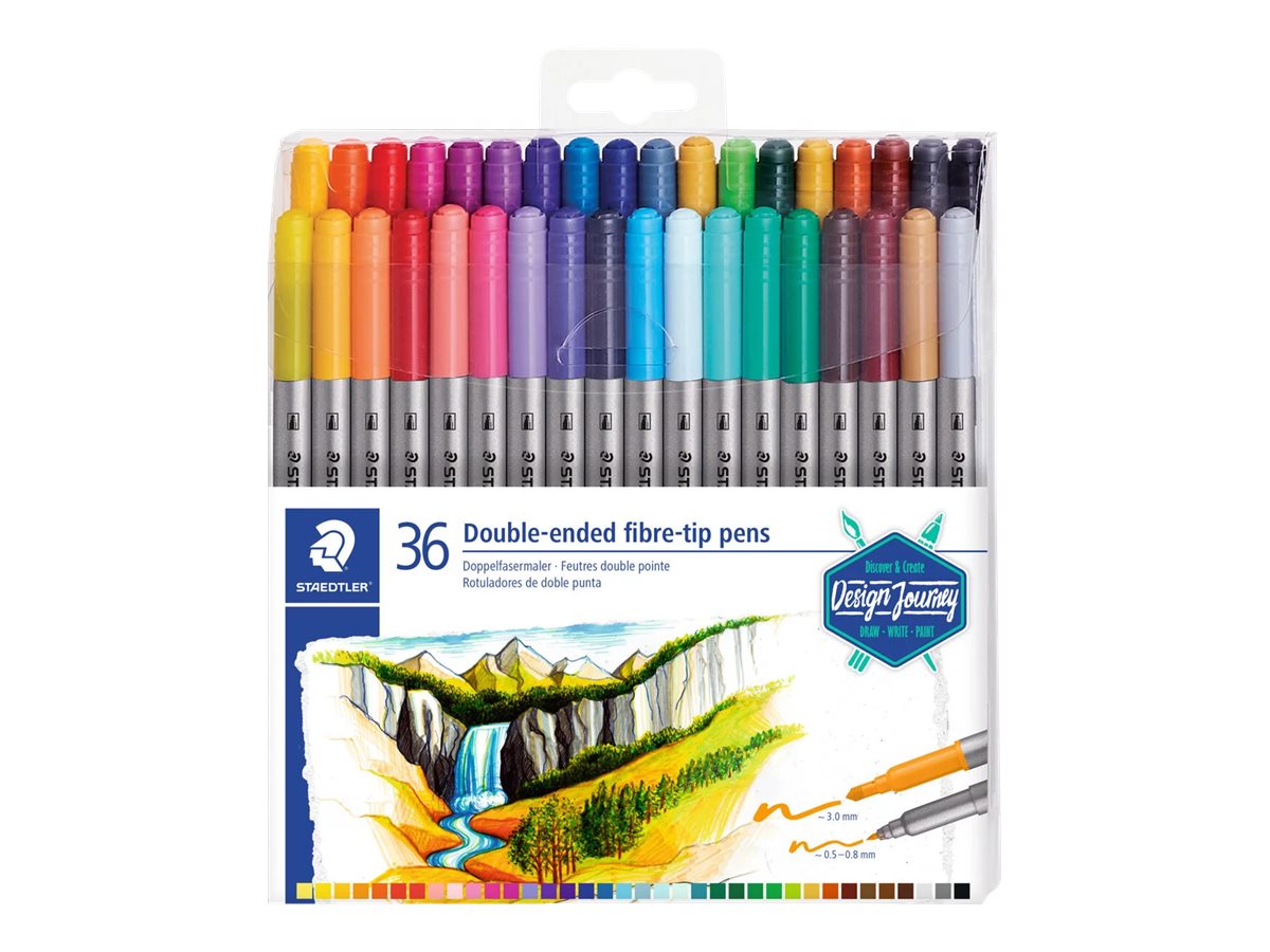 STAEDTLER Design Journey 3200 Doppelspitzen-Fasermaler, 36er Etui, 3 mm / 0,5–0,8 mm, Verschiedene Farben