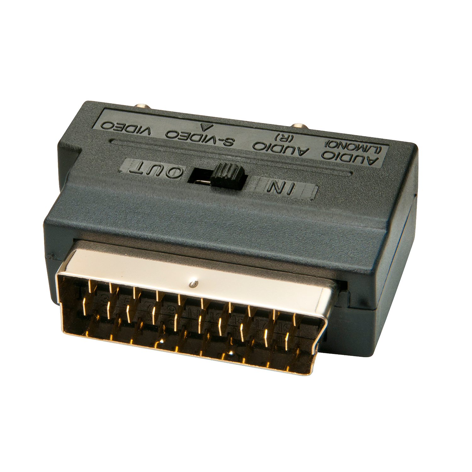 Lindy Scart Adapter, S-VHS, S-Video, CV (3x RCA) mit Umschalter für Line-In/Line-Out SCART-/S-VHS-/AV-Adapter mit Umschalter für Line-In/Line-Out, Anschlüsse SCART 21pin-Stecker an S-VHS (Mini-DIN 4p)- und 3 x Cinch-Buchse (RCA) (35628)