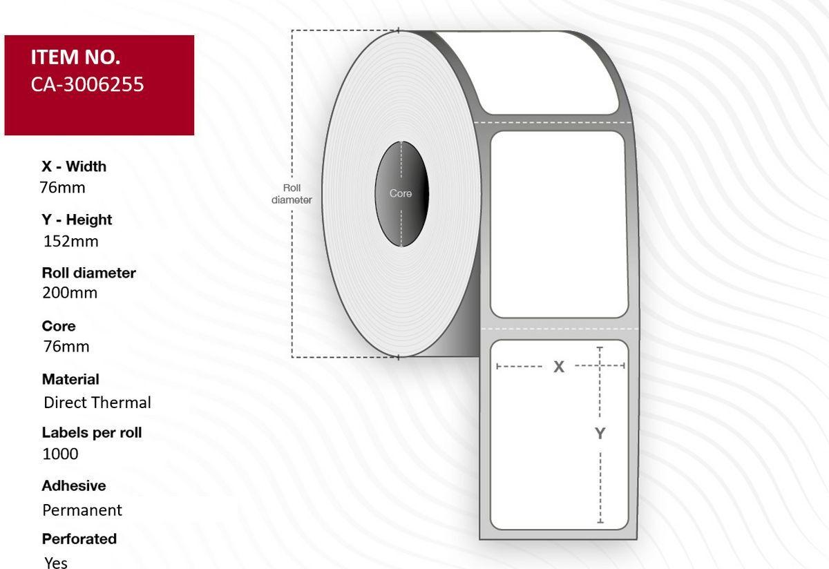 Capture Label 76 x 152mm, Core 76mm, Permanent, Perforated, 1000 labels per roll, 6 rolls per box (CA-3006255)