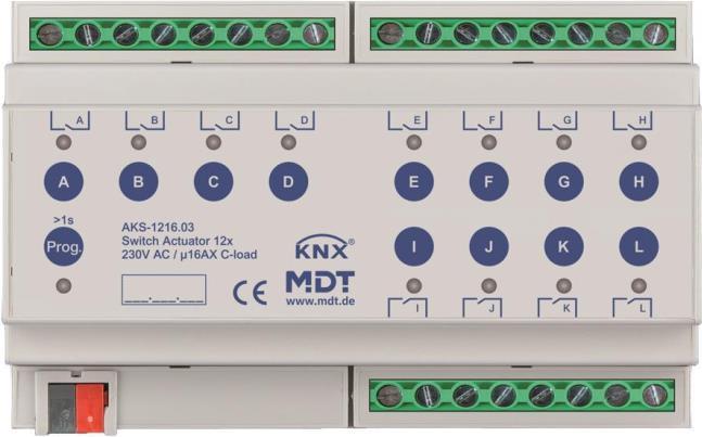 MDT - Schaltaktor 12-fach 8TE REG 230VAC 16A C-Last 140uF (AKS-1216.03)
