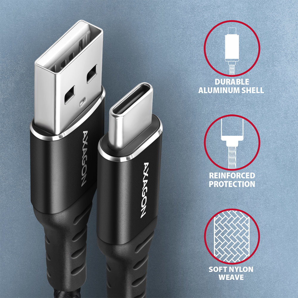 AXAGON BUCM-AM20AB USB-C auf USB-A Kabel, 2 m, USB 2.0, 3 A, USB PD 60 W, Schwarz