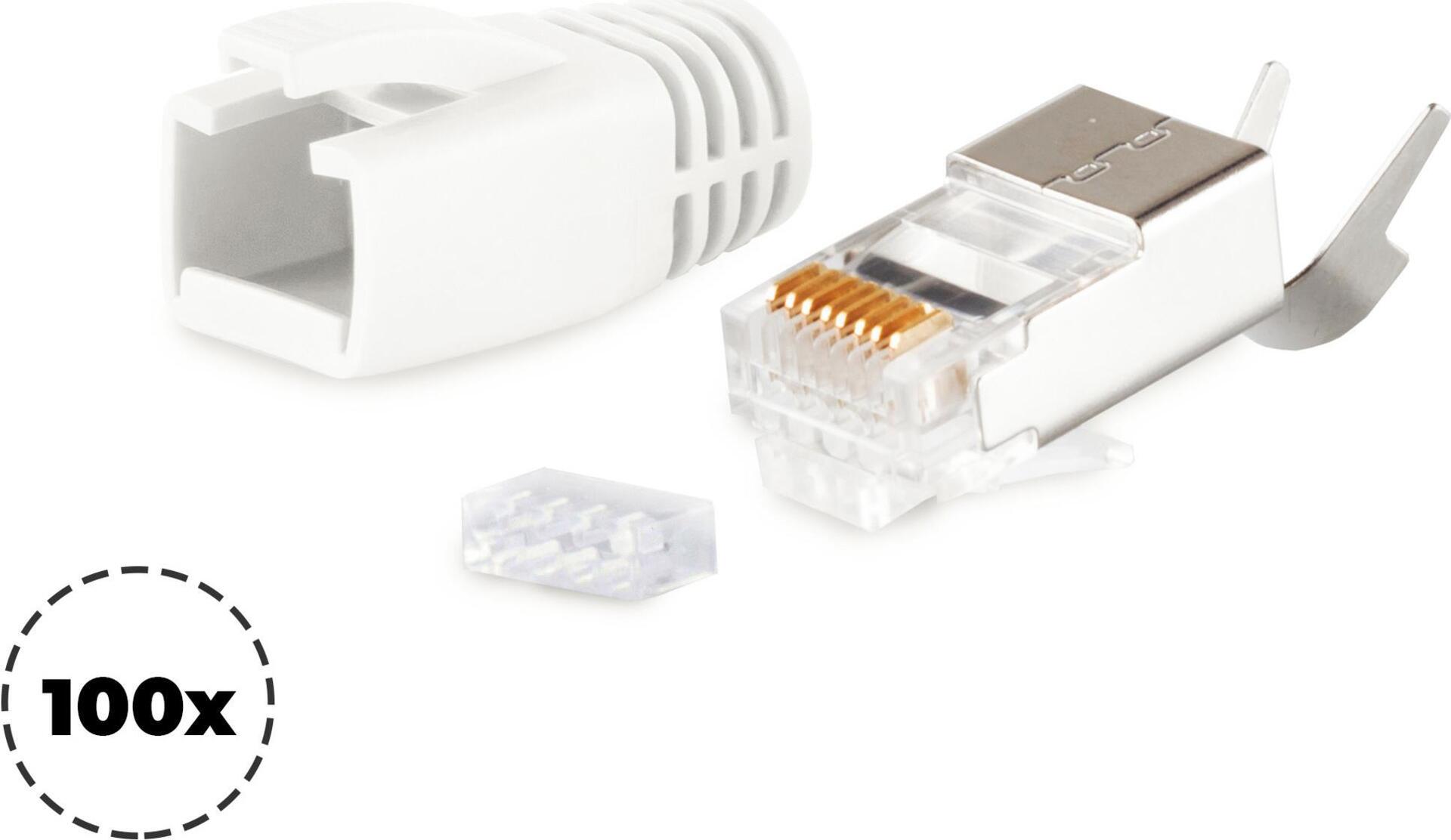 shiverpeaks ®-BASIC-S--Netzwerk Modular Stecker RJ45 SET für Verlegekabel bis AWG 23, Stecker mit Zugentlastung, Einführhilfe und Tülle, weiß VE 100 (BS72067-100W)