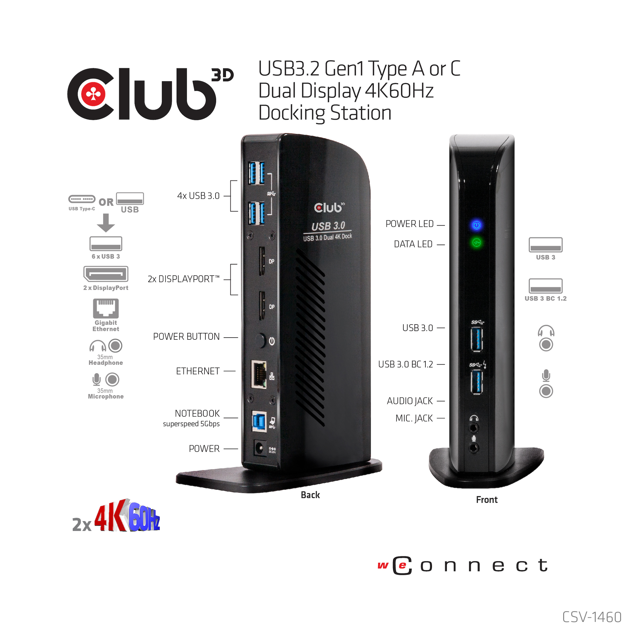 Club 3D SenseVision CSV-1460 USB 3.0 Dual Display 4K60Hz Dockingstation Schwarz