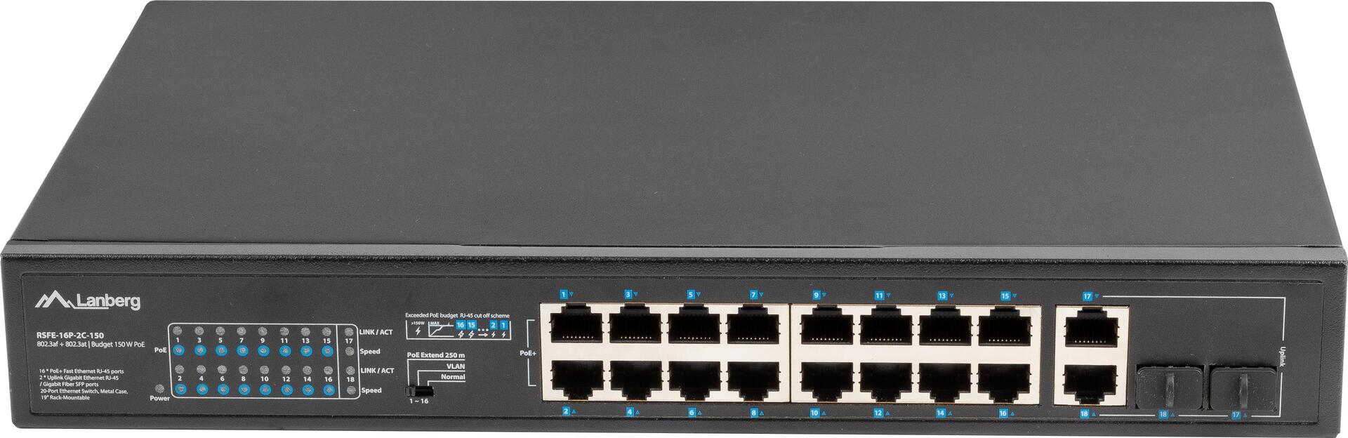 Lanberg RSFE-16P-2C-150 Switch 16 x 10/100 PoE+ 2 x Combo Gigabit SFP/RJ-45 Schwarz